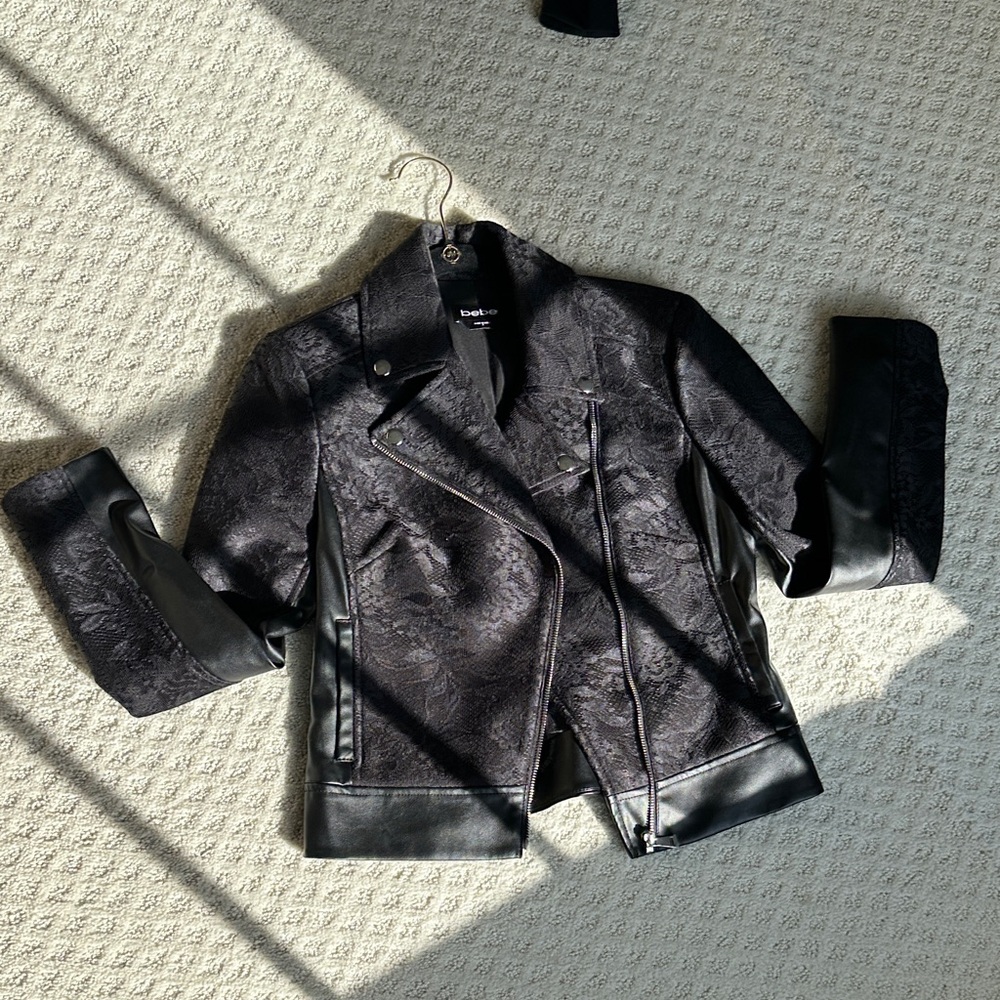 Bebe Black Textured lace and Leather Jacket - Picture 3 of 11